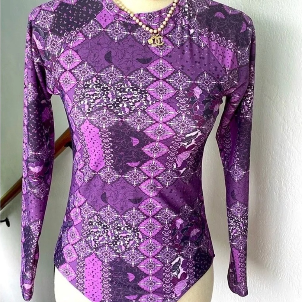 RUSTY Australia Purple Patterned Long Sleeve rash guard/bodysuit one piece swim